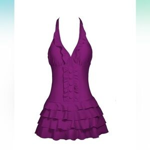 COCOPEAR  Cover Up One Piece ruffled  V-Neck Push Up Skirted Swimdress purple